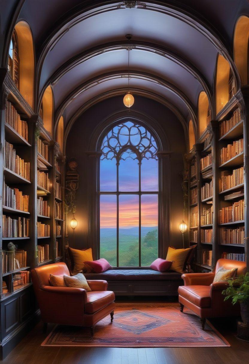 A magical library with floating books, glowing orbs, and a mystical ambiance; a mix of ancient scrolls and modern fantasy novels with vibrant, eye-catching covers. The scene is filled with cozy reading nooks, mythical creatures peeking from behind the shelves, and a surreal twilight sky visible through gothic arched windows. A sense of wonder and adventure permeates the air. super-realistic. vibrant colors. detailed.
