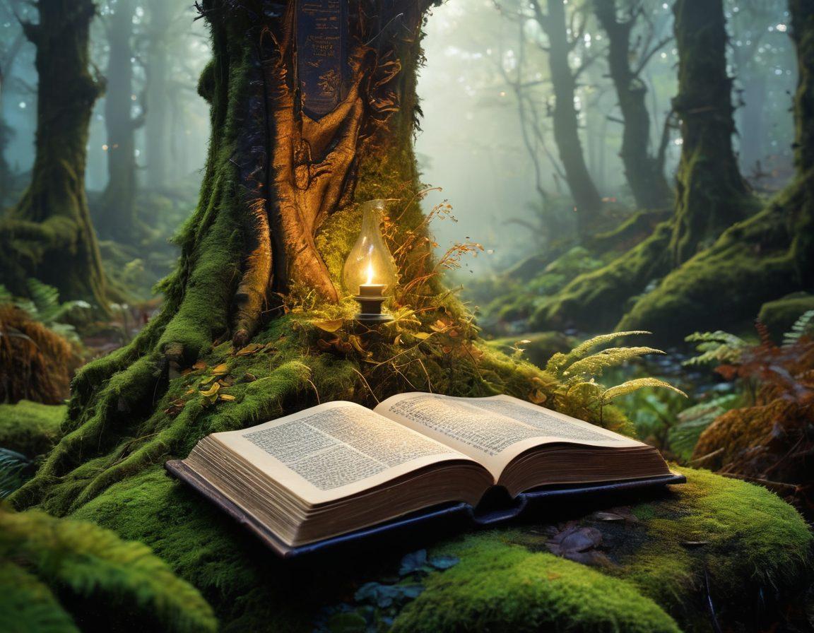 A magical and enchanting forest with a hint of sensual mystery, filled with glowing fairy lights and shadows hinting at hidden creatures. In the foreground, a leather-bound book titled 'Mature Escapes' rests on a mossy stone pedestal, with a golden quill beside it, exuding an aura of forbidden knowledge. Background includes ancient trees and fog, creating a fantastical atmosphere. Illustration style: highly-detailed fantasy painting with vibrant colors and a touch of mystique.