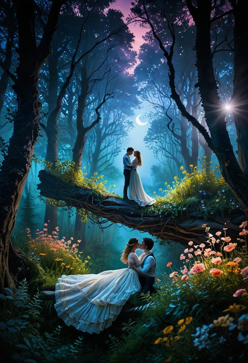 A dreamy, moonlit forest where magical creatures roam, with a couple entwined in an intimate embrace on a bed of glowing flowers. Soft, swirling mist and floating sparkles add a sense of mystery and enchantment. The sky is filled with floating books that radiate a warm, inviting glow. painting. vibrant colors. ethereal. romantic.